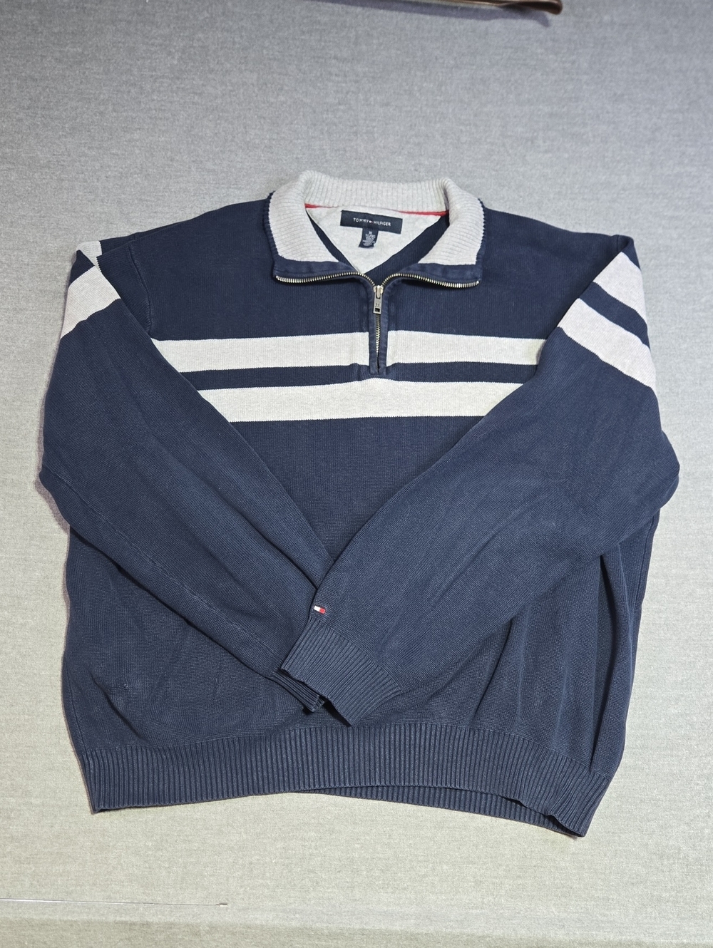 Tommy Hilfiger Quarter Zip Sweater XL Navy White Stripe Cotton Blend Pullover